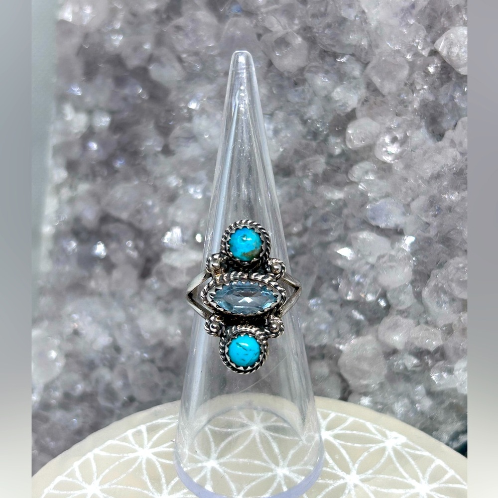 Southwestern Style Turquoise & Blue Topaz Ring 925